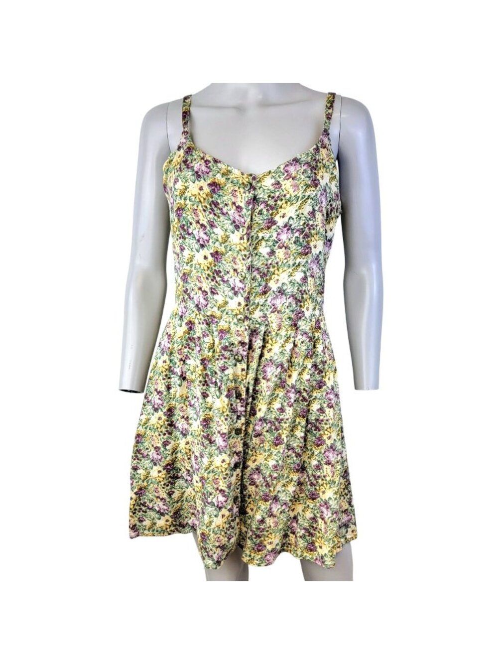 Vintage 90s Floral Mini Dress Women Medium Sundress Beige Green 8 10 Summer Fall